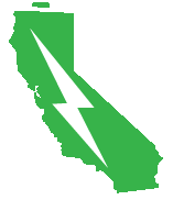 Graphic of California state shape as a battery charging icon with power lightning bolt icon