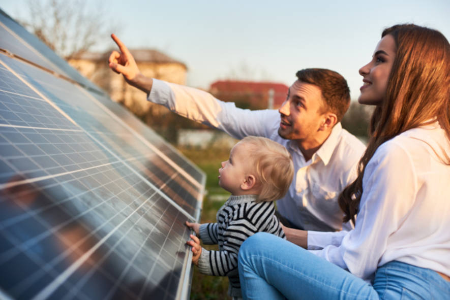 A family enjoys the benefits of home renewable energy.