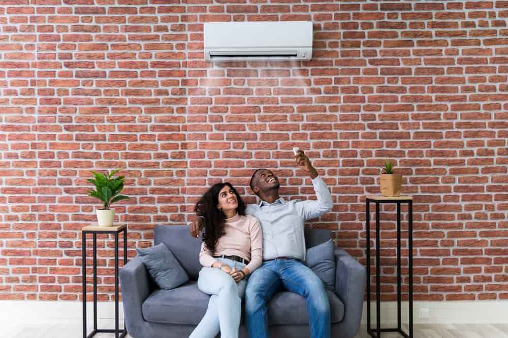 Happy couple enjoying a residential air conditioning unit.