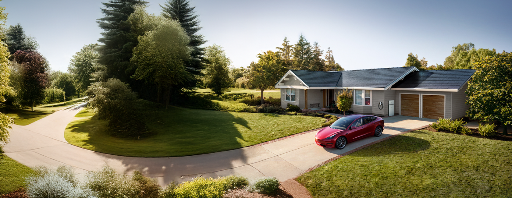 A single story family home with a Tesla Solar Roof and a Tesla Model 3 parked in the driveway