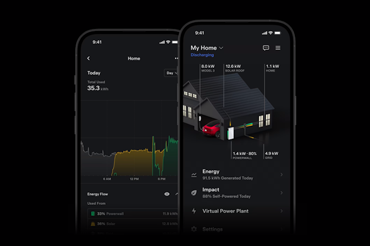 Smartphones displaying Tesla Solar Roof pages in the Tesla App