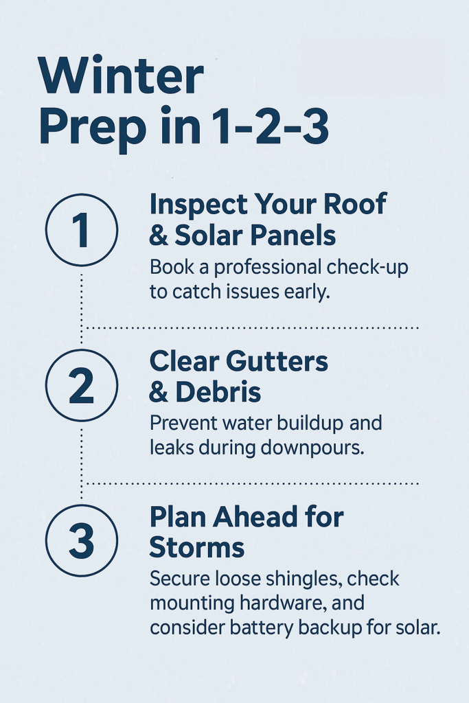 Winter Prep in 1-2-3

1. Inspect Your Roof & Solar Panels:
Book a professional check-up to catch issues early.

2. Clear Gutters & Debris:
Prevent water buildup and leaks during downpours.

3. Plan Ahead for Storms:
Secure loose shingles, check mounting hardware, and consider battery backup for solar.