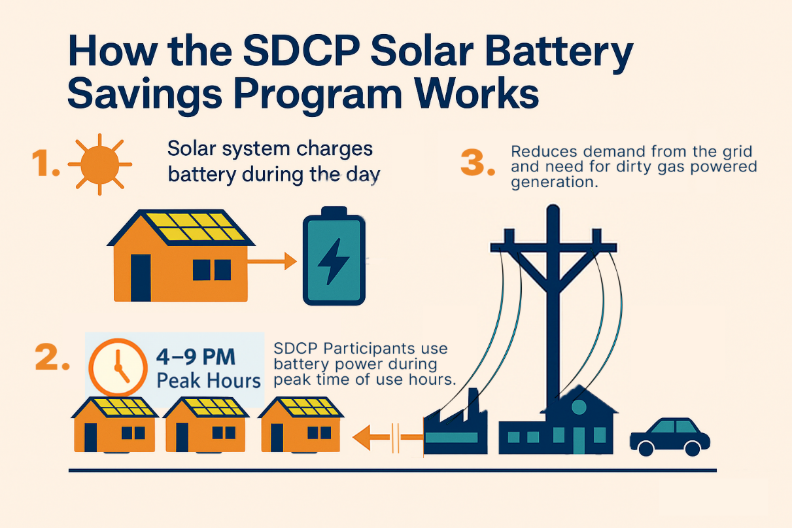 Illustration explaining how the SDCP Solar Battery Savings Program works. 

Step 1 shows a sun and a house with solar panels charging a battery during the day. 

Step 2 shows a clock labeled '4–9 PM Peak Hours' and houses using battery power during peak time. 

Step 3 shows a power pole with text: 'Reduces demand from the grid and need for dirty gas powered generation.