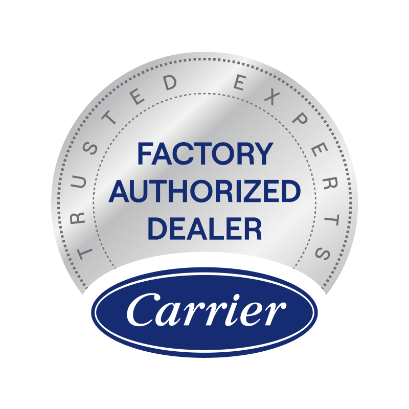 Factory authorized dealer badge for Carrier, highlighting trusted expertise in air conditioning services.