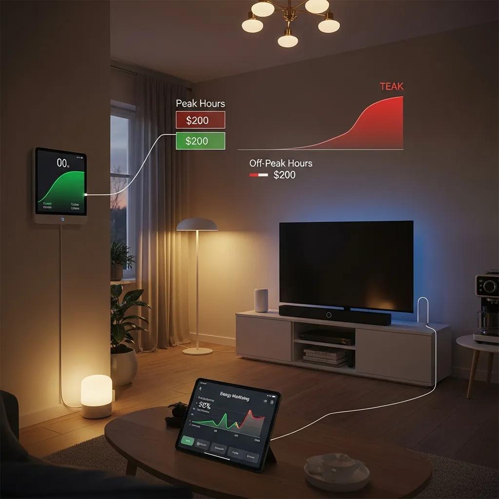 Smart home devices managing energy usage during peak and off-peak hours in a cozy living room