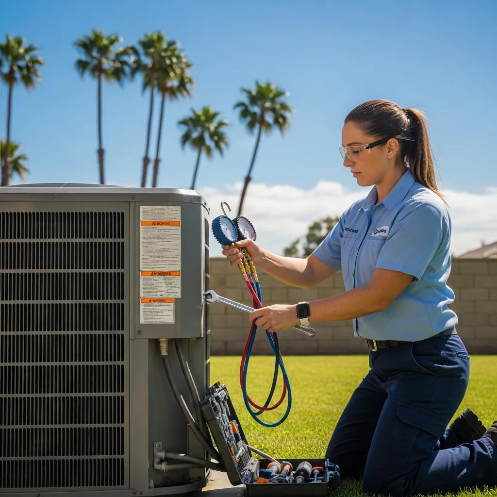 Technician performing HVAC maintenance on an air conditioning unit in Southern California