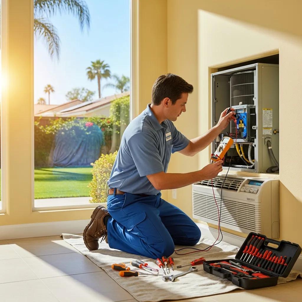 Technician repairing air conditioning unit in Southern California home