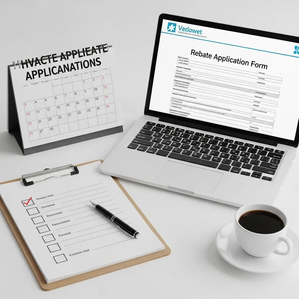 Checklist and laptop illustrating the HVAC rebate application process, emphasizing organization and preparation