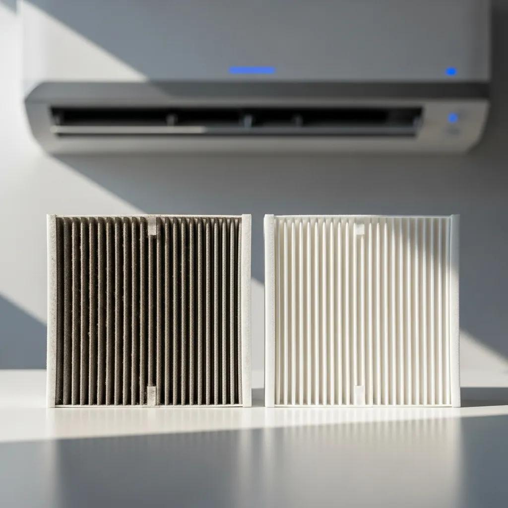 Dirty air filter beside a clean one to illustrate routine AC maintenance