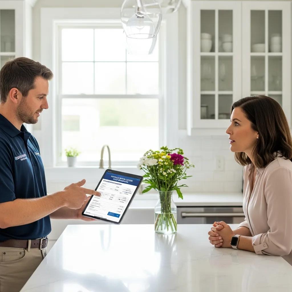 Homeowner reviewing an itemized furnace installation estimate with a contractor