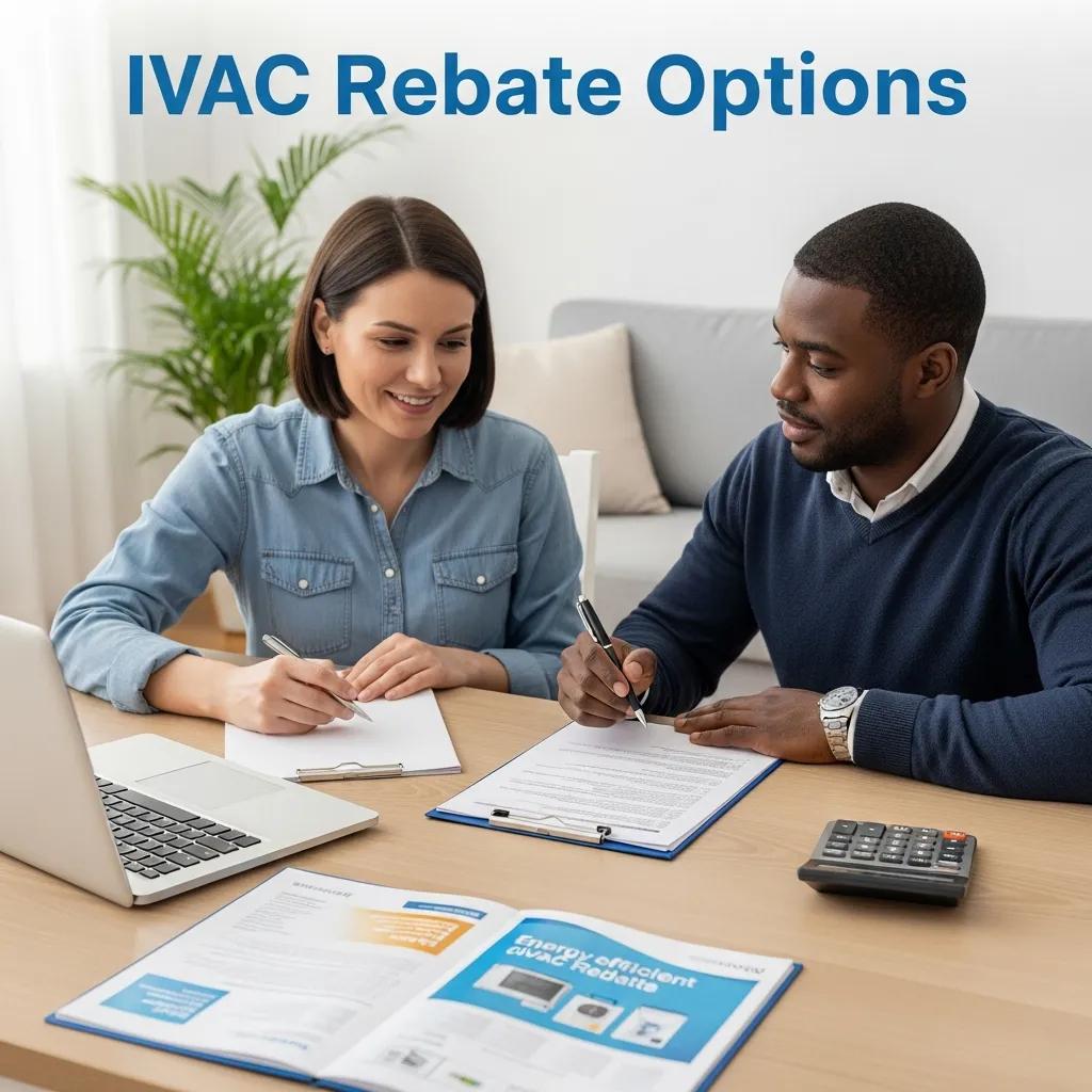 Homeowner discussing HVAC rebate options with a contractor in a cozy living room, highlighting energy efficiency