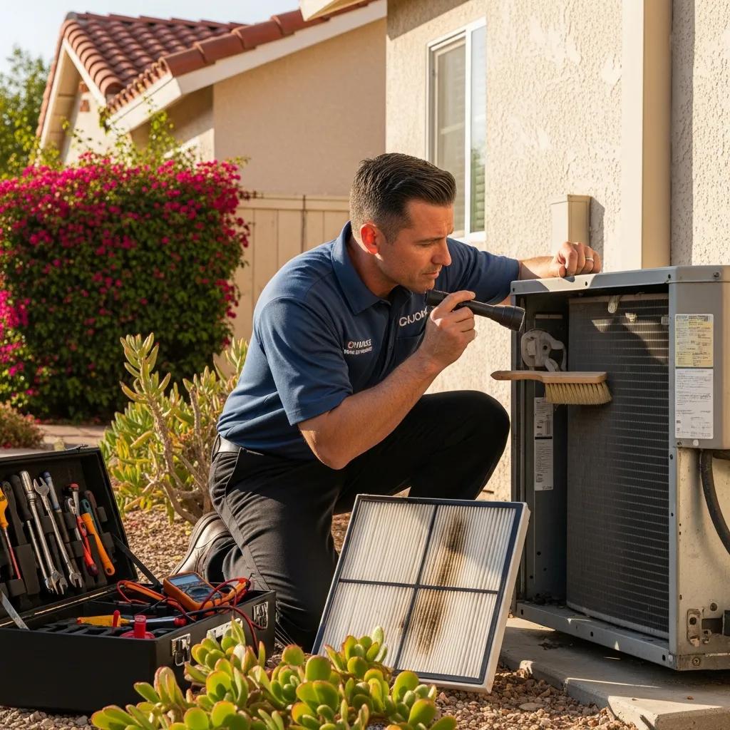 Technician inspecting an air conditioner during a tune‑up to improve performance