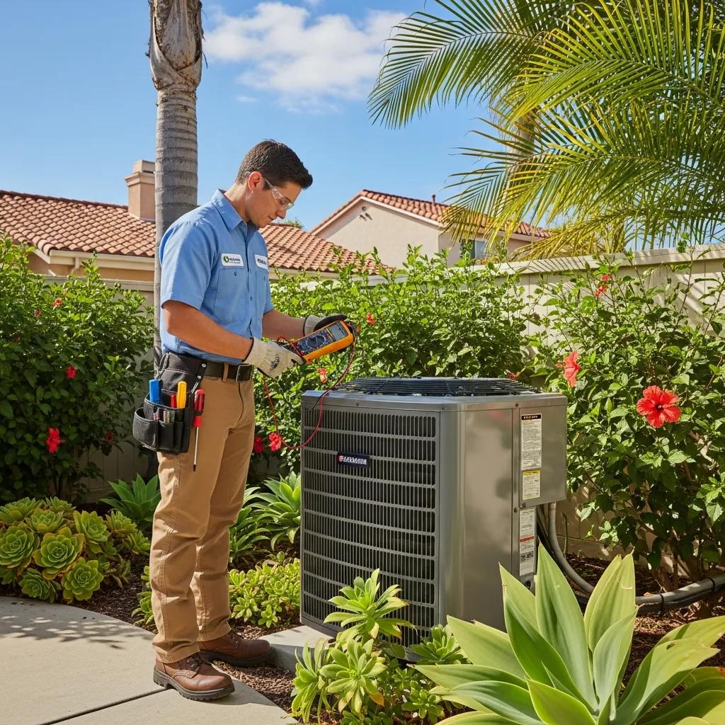 Professional technician inspecting an air conditioning unit in a sunny Carlsbad backyard