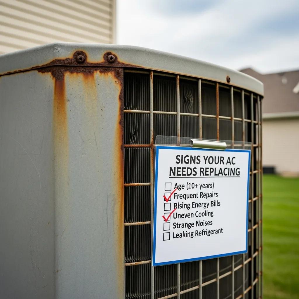 Worn air conditioning unit and technician evaluating replacement indicators like corrosion and reduced performance