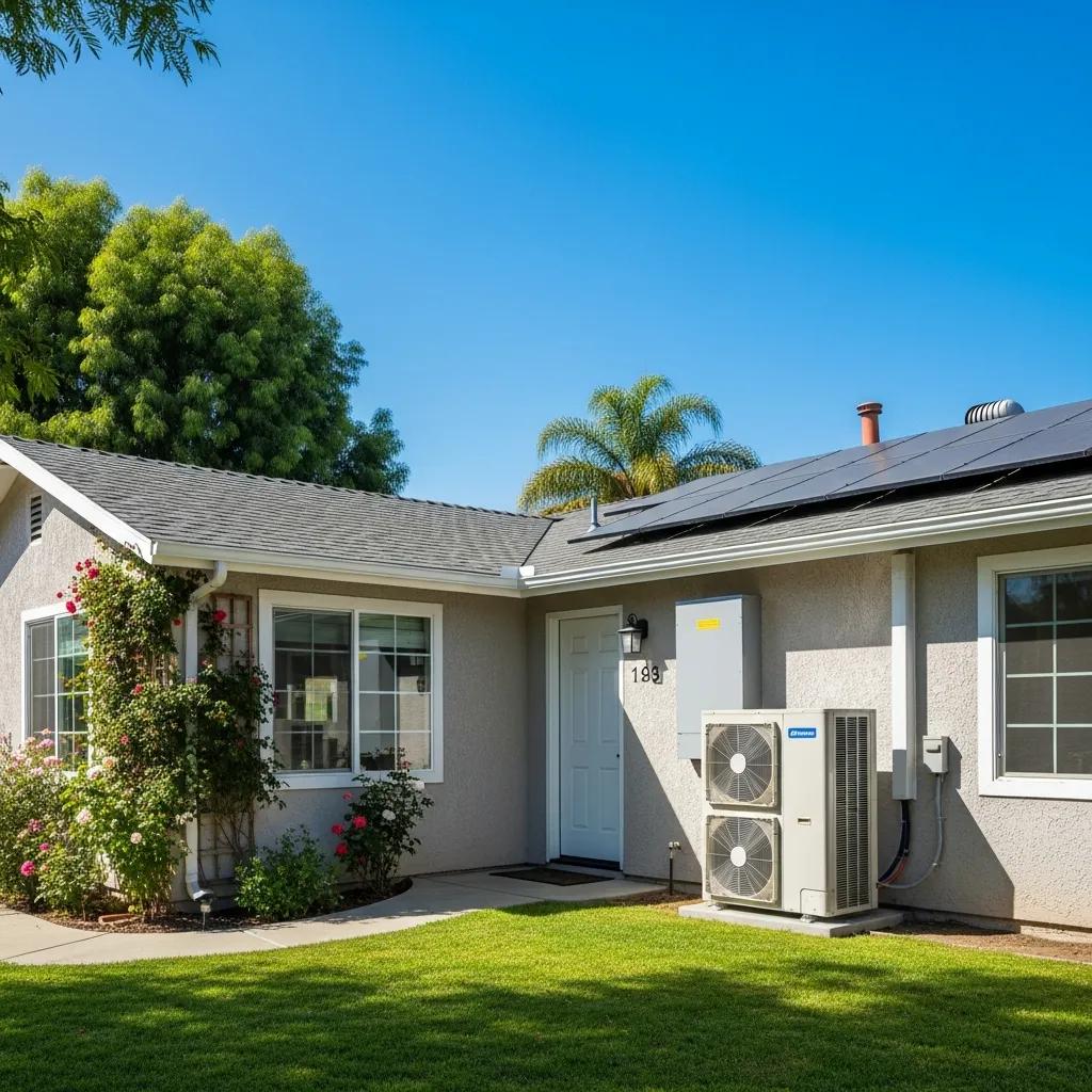 Southern California home featuring a modern HVAC system and solar panels, symbolizing energy efficiency and comfort