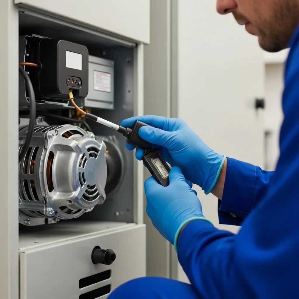 Technician inspecting a furnace for unusual noises and thermostat issues