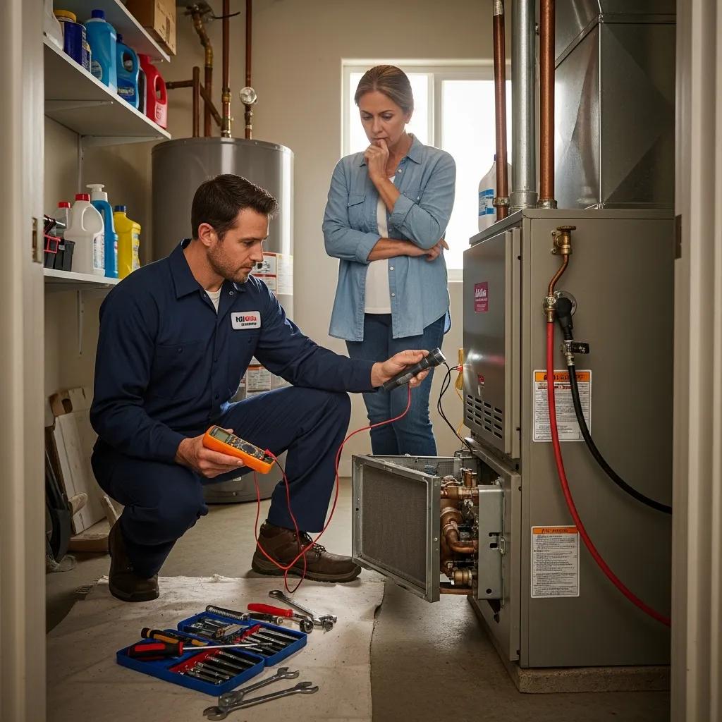 Technician inspecting an aging furnace while explaining repair vs. replacement to a homeowner