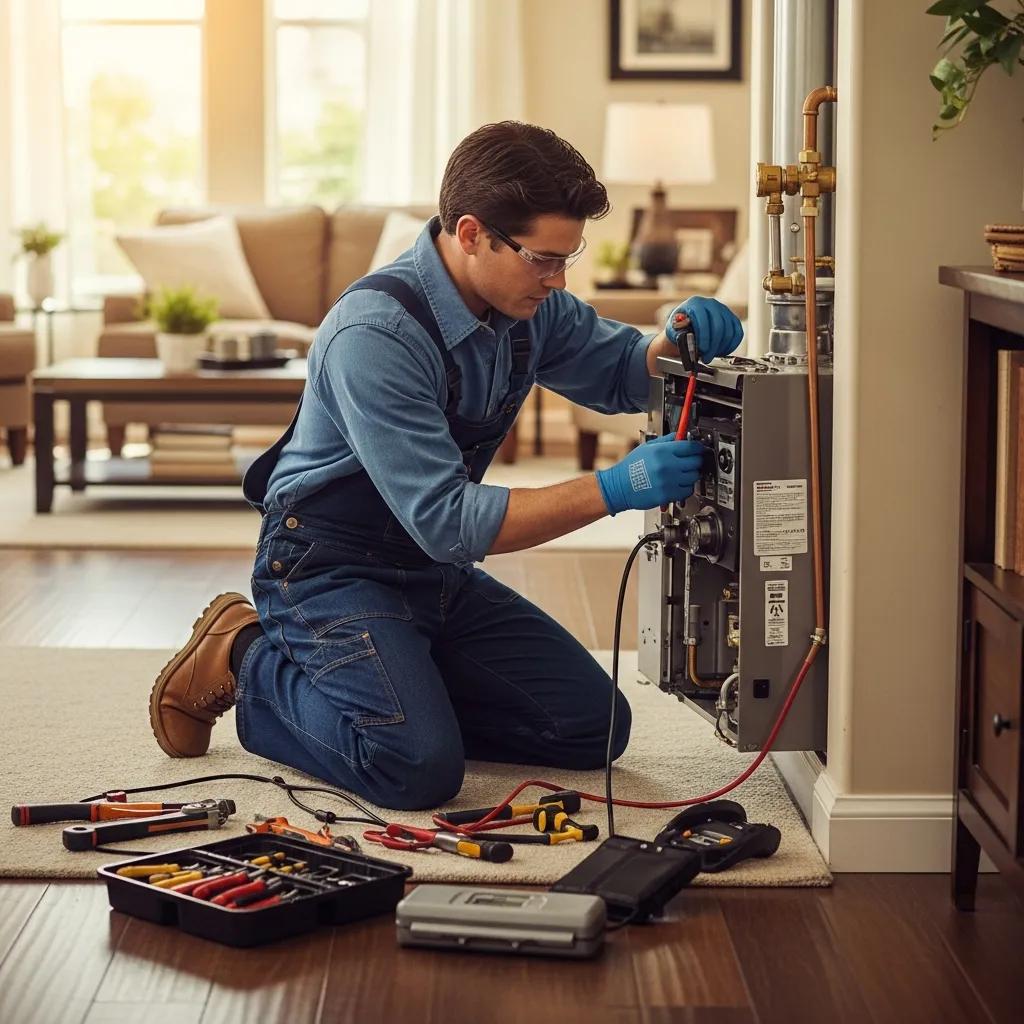 Technician repairing a heating system in a cozy Southern California home