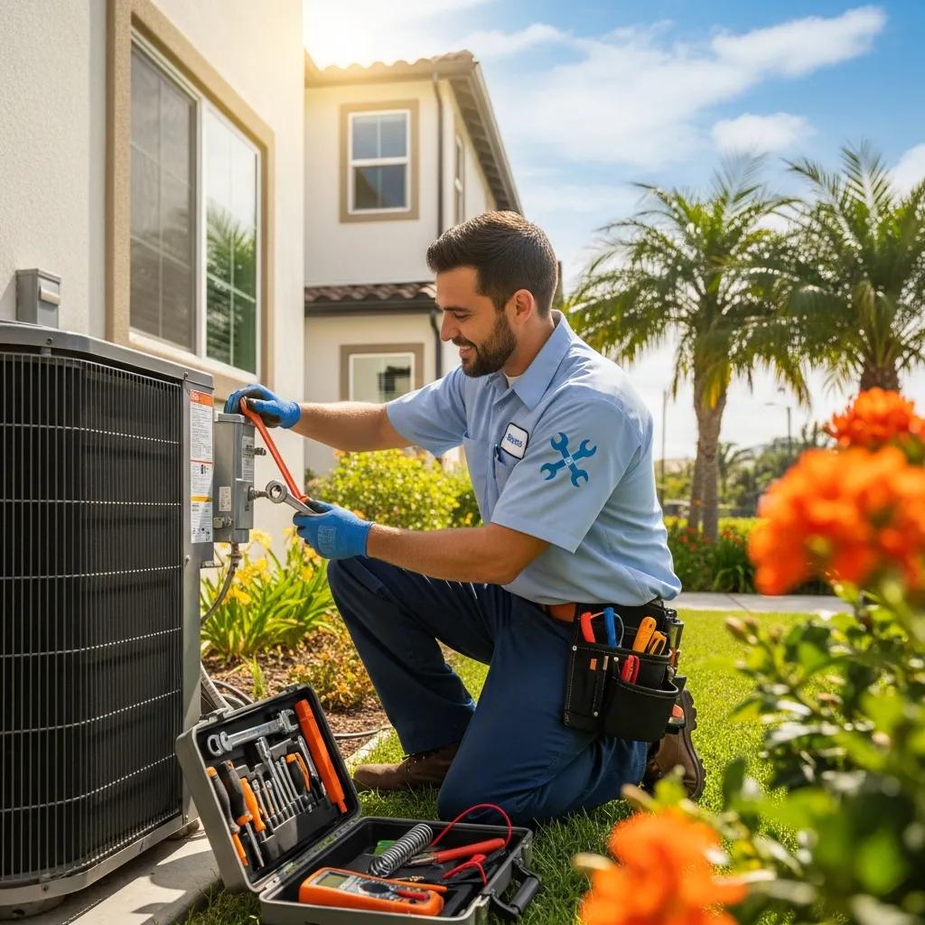 Technician repairing an air conditioning unit in a sunny Orange County residential area