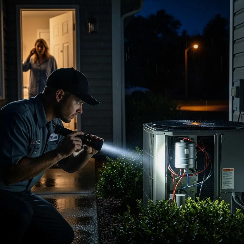 Night-time emergency AC response with a technician inspecting an outdoor unit