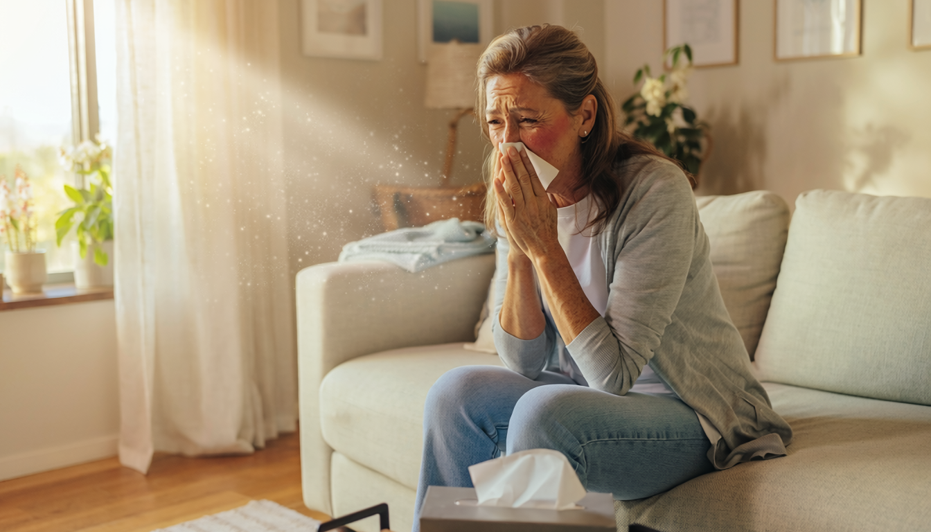Woman sneezing and congested from spring pollen and allergens