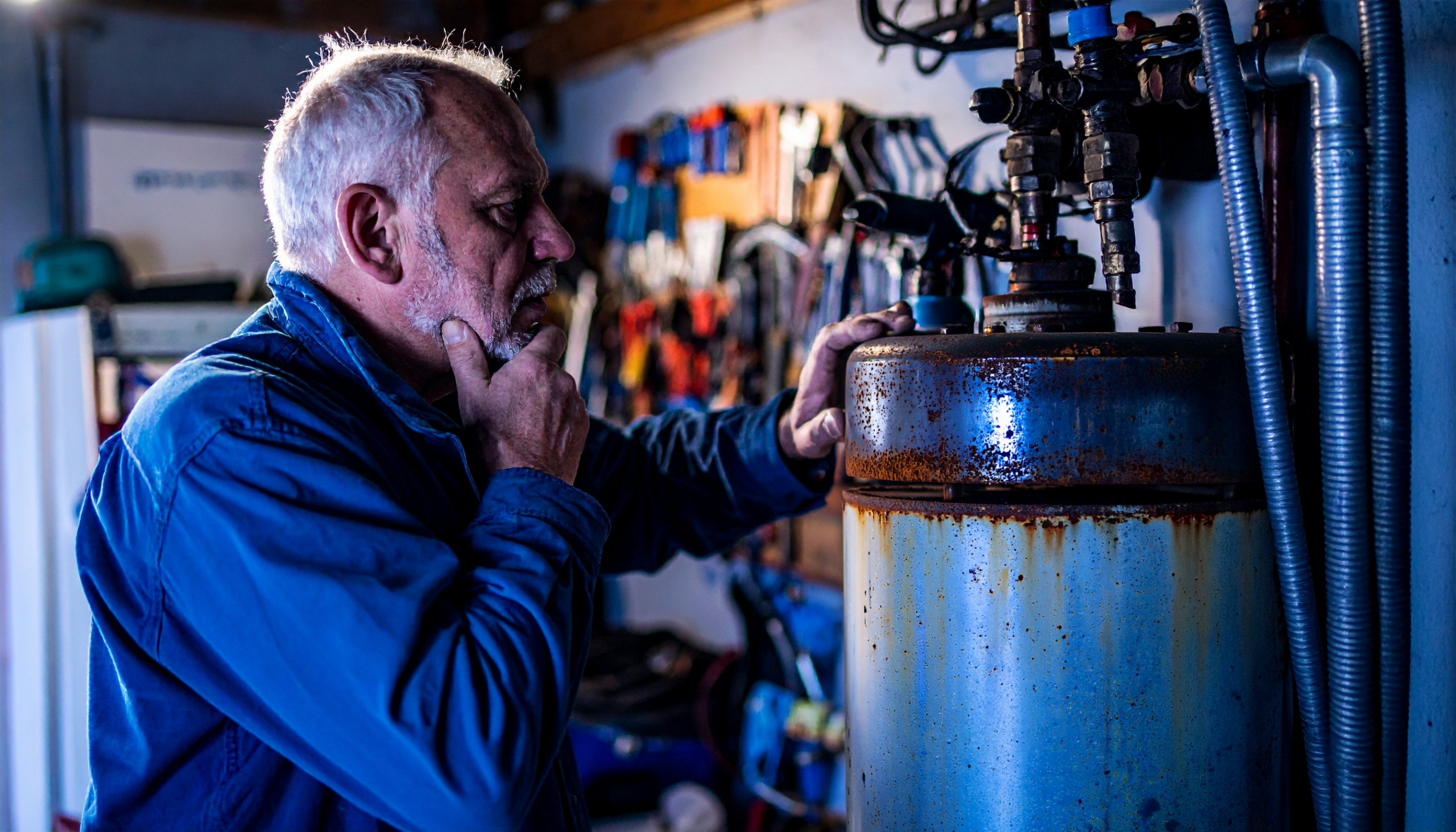 A homeowner looking at their water heater to see if it needs maintenance