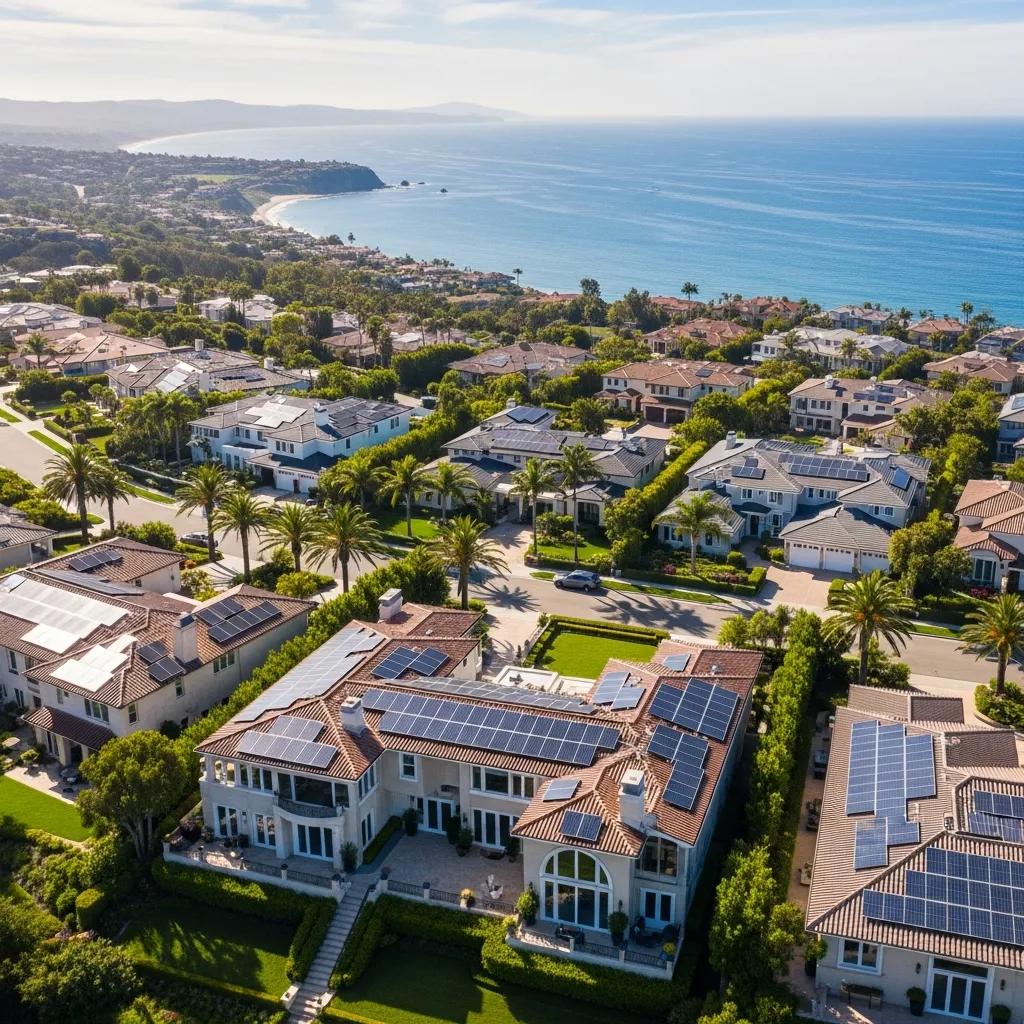 Aerial view of Newport Coast with luxury homes featuring solar panels and ocean views