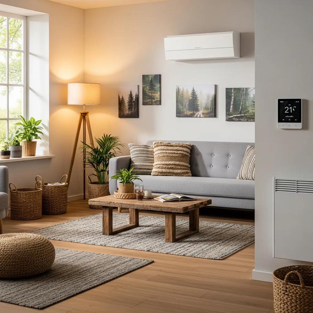 Cozy living room featuring a modern energy-efficient heating system and smart thermostat, promoting sustainable living