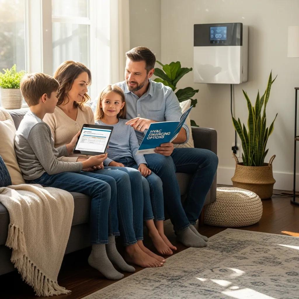Family discussing HVAC financing options in a cozy living room with energy-efficient equipment