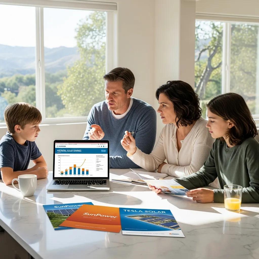 Family discussing solar financing options at home, with solar panel brochures and a laptop