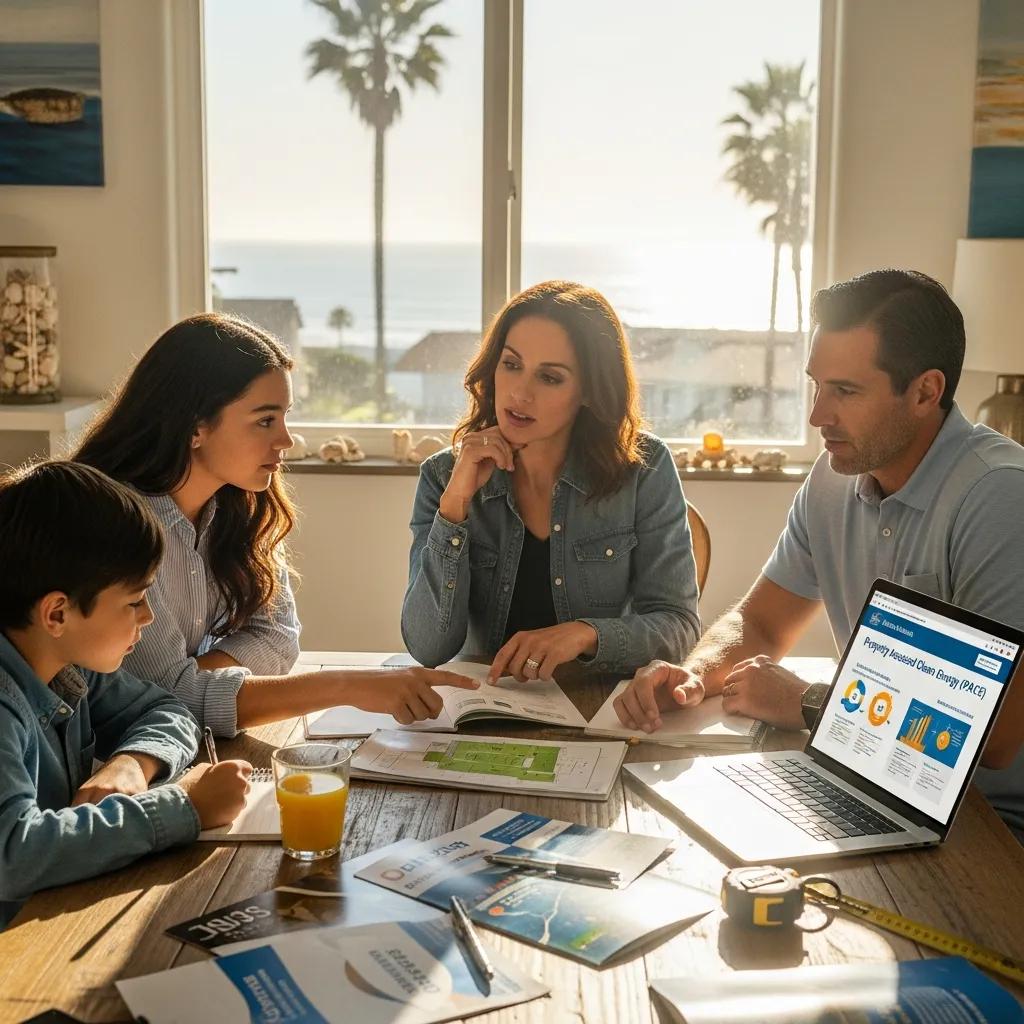 Family discussing solar installation options at home, highlighting California solar incentives