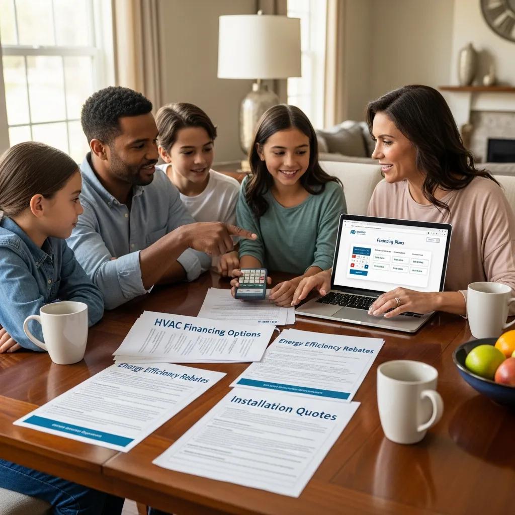 Family reviewing HVAC financing plans together at a dining table with paperwork and a laptop