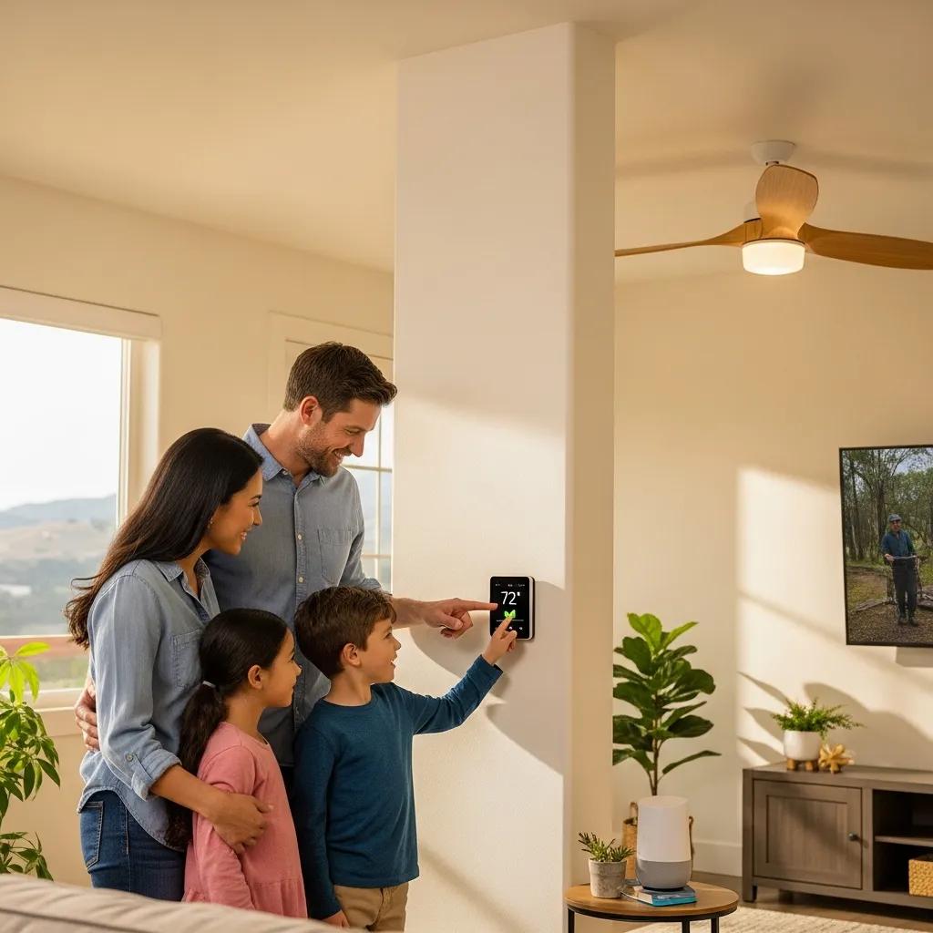 Family using a smart thermostat in their energy-efficient San Marcos home