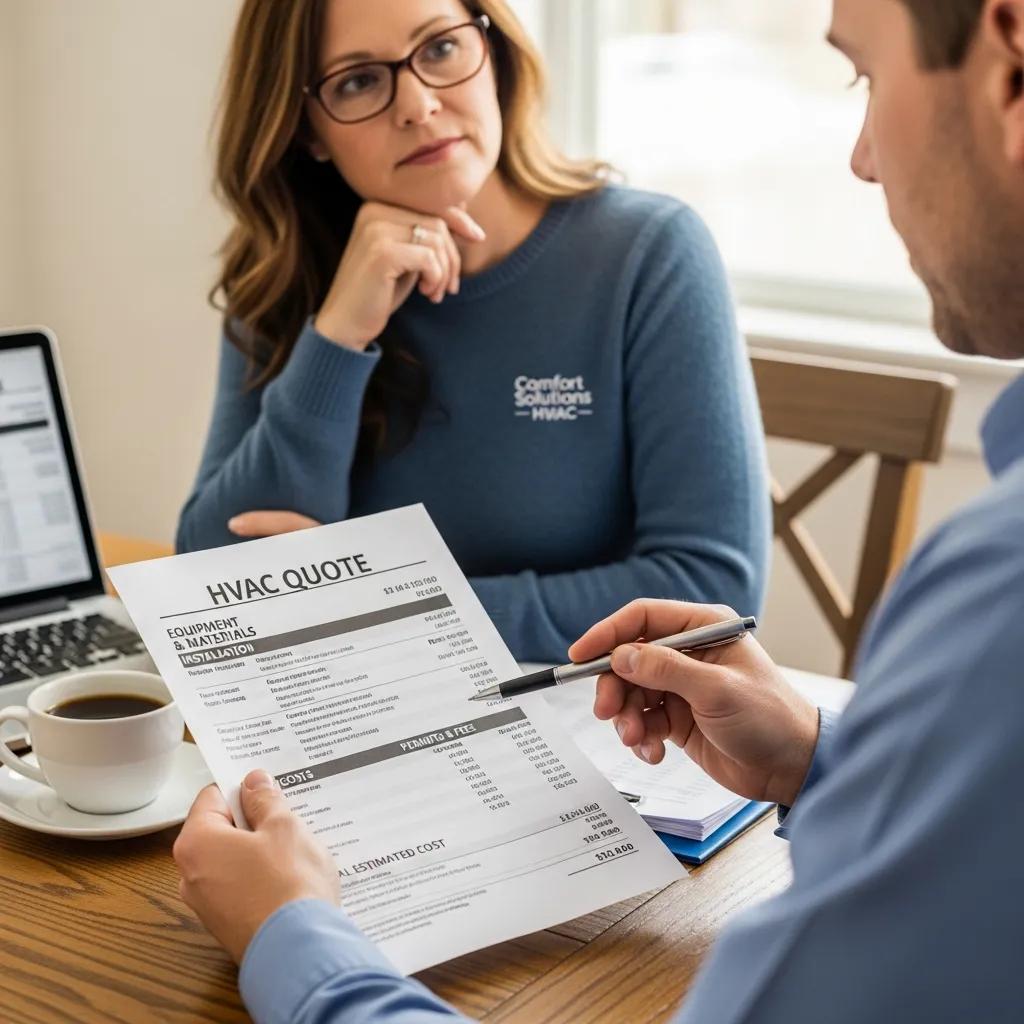 Homeowner and technician reviewing a clear, line-item HVAC quote together