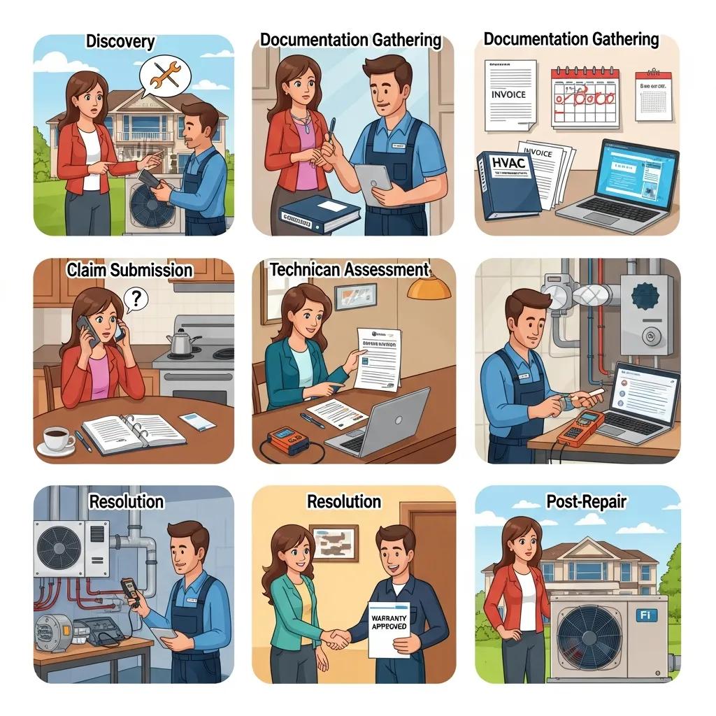 Homeowner and technician reviewing HVAC warranty documentation and next steps during an inspection