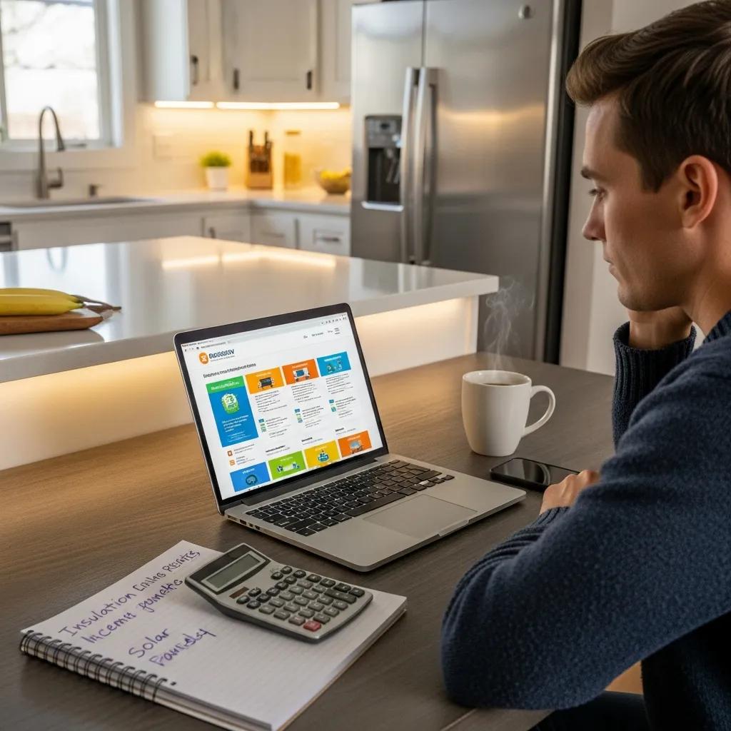 Homeowner checking energy-efficiency rebates and financing options on a laptop