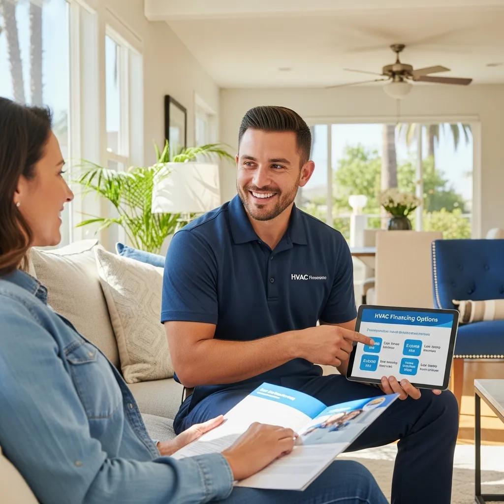 HVAC professional reviewing financing choices with a homeowner inside a Southern California house