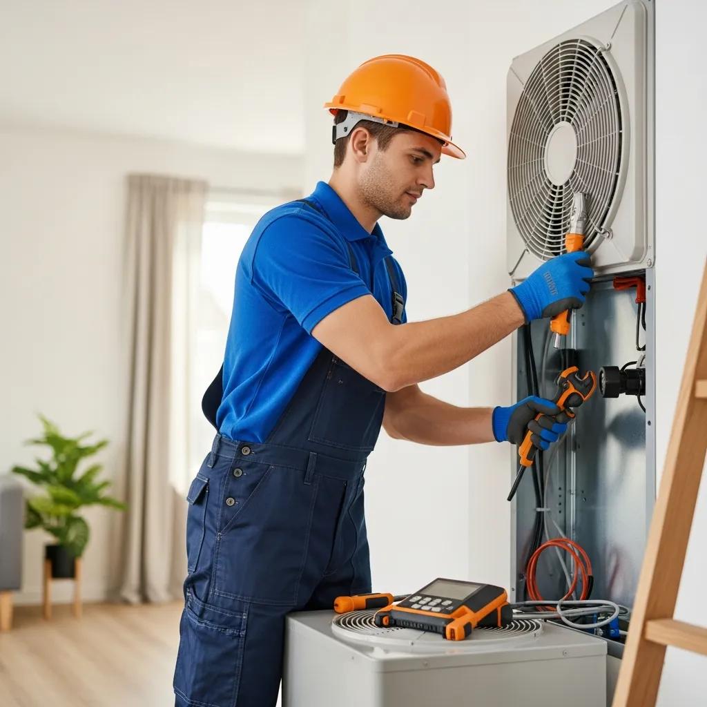 HVAC technician installing a modern HVAC system in a residential home, emphasizing professional service and energy efficiency