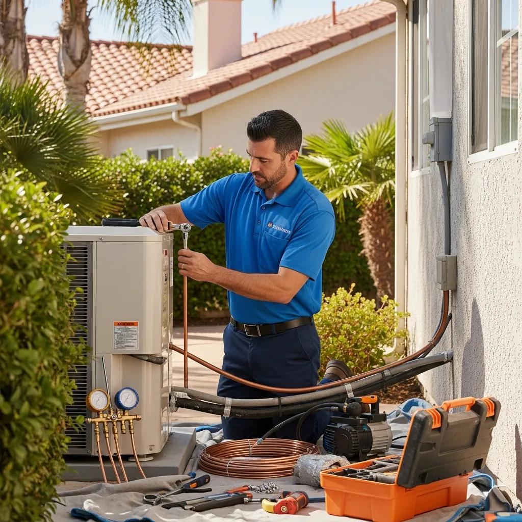 HVAC technician installing air conditioning unit in Southern California home