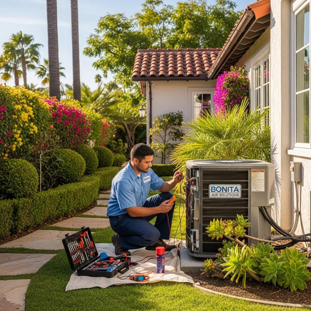 HVAC technician performing maintenance on an air conditioning unit in Bonita, CA, emphasizing long-term performance