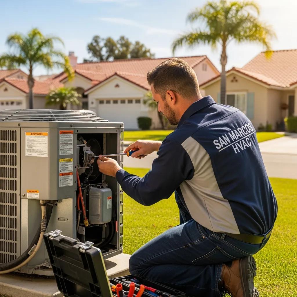 HVAC technician servicing an air conditioning unit in a sunny San Marcos neighborhood