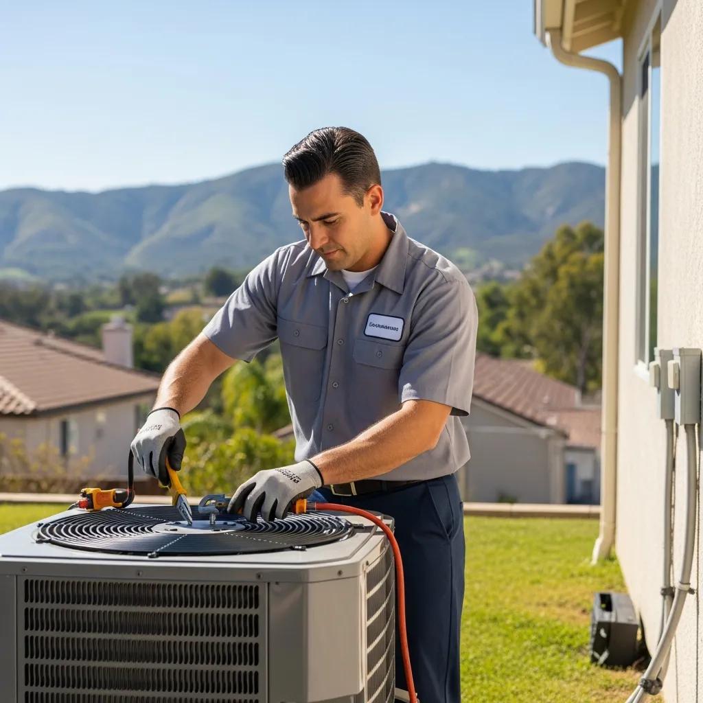 HVAC technician servicing an air conditioning unit in Bonita, CA, highlighting local climate needs