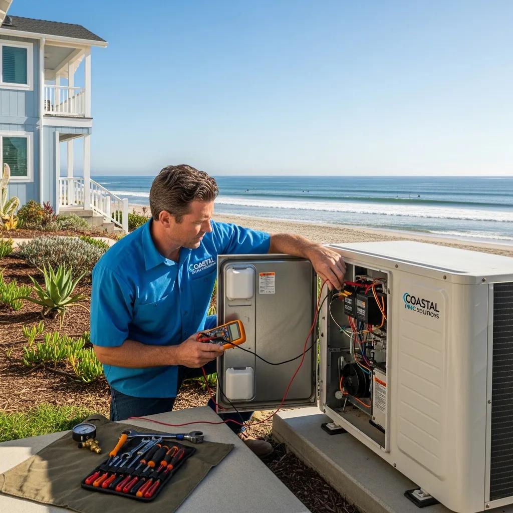 HVAC technician servicing an air conditioning unit in Cardiff by the Sea, showcasing local AC repair expertise