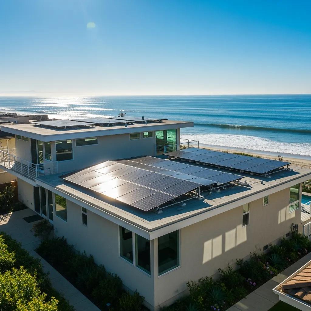 Modern home in Solana Beach with solar panels under a clear blue sky, emphasizing renewable energy