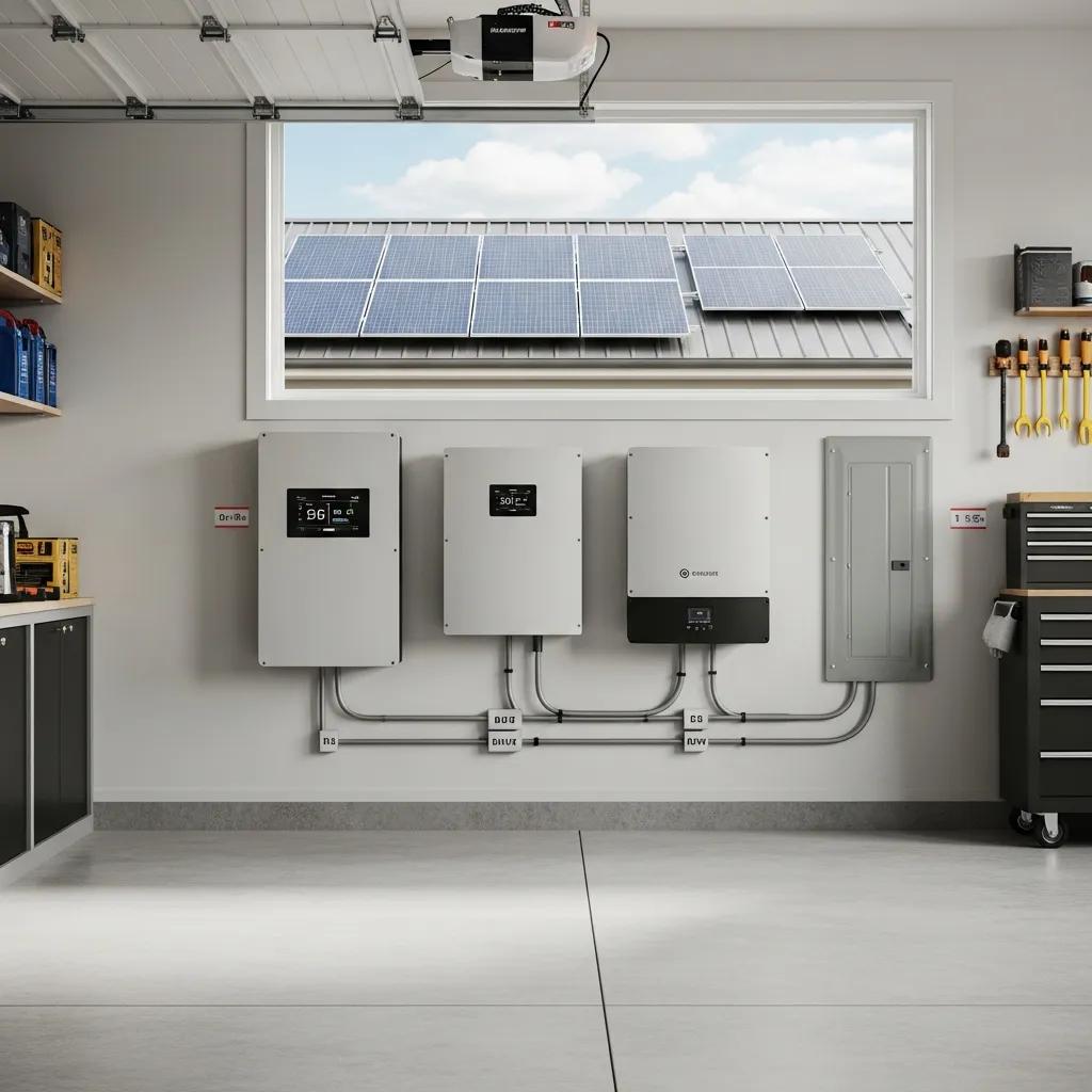 Modern solar battery storage system in a garage with solar panels visible outside