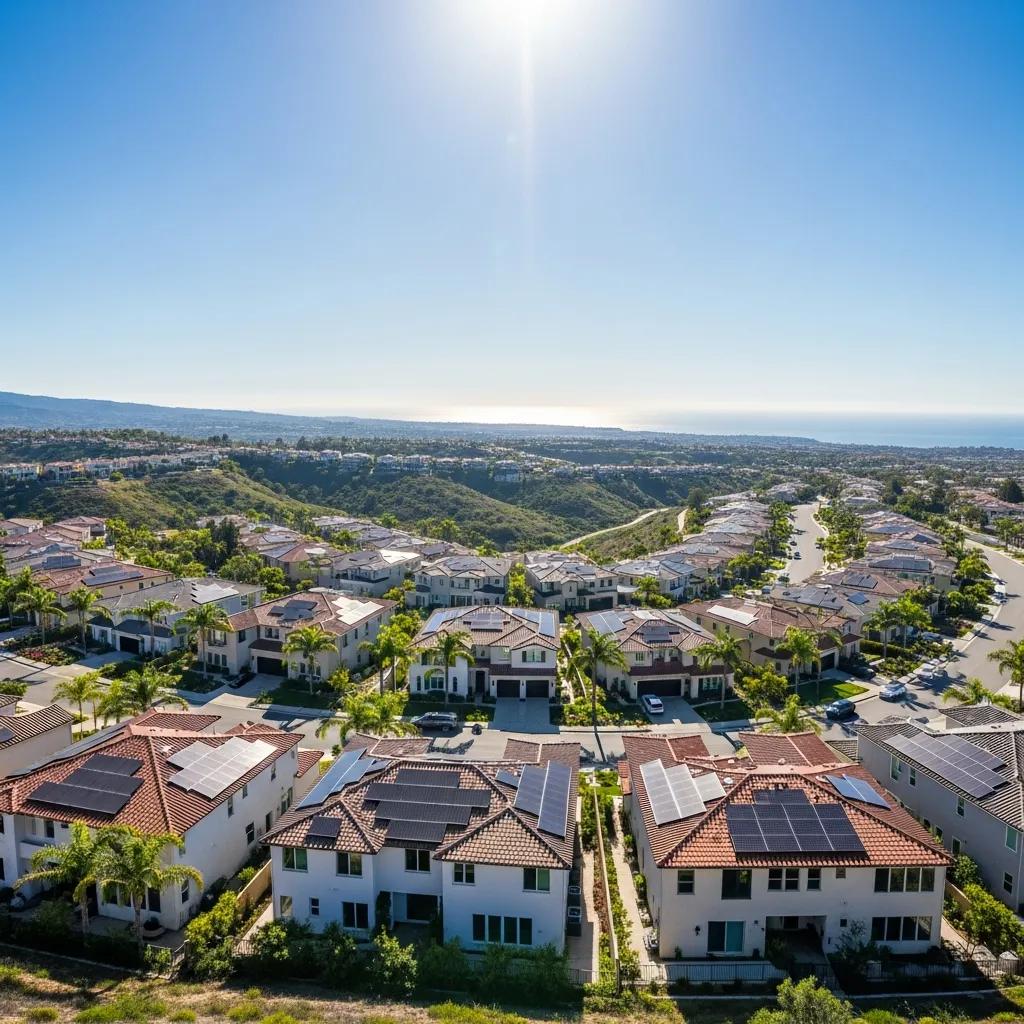 Panoramic view of Laguna Niguel with solar panels on hillside homes under clear blue sky