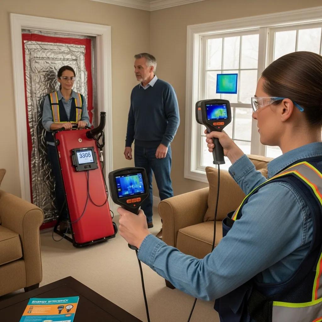 Technician performing a residential energy audit using diagnostic tools