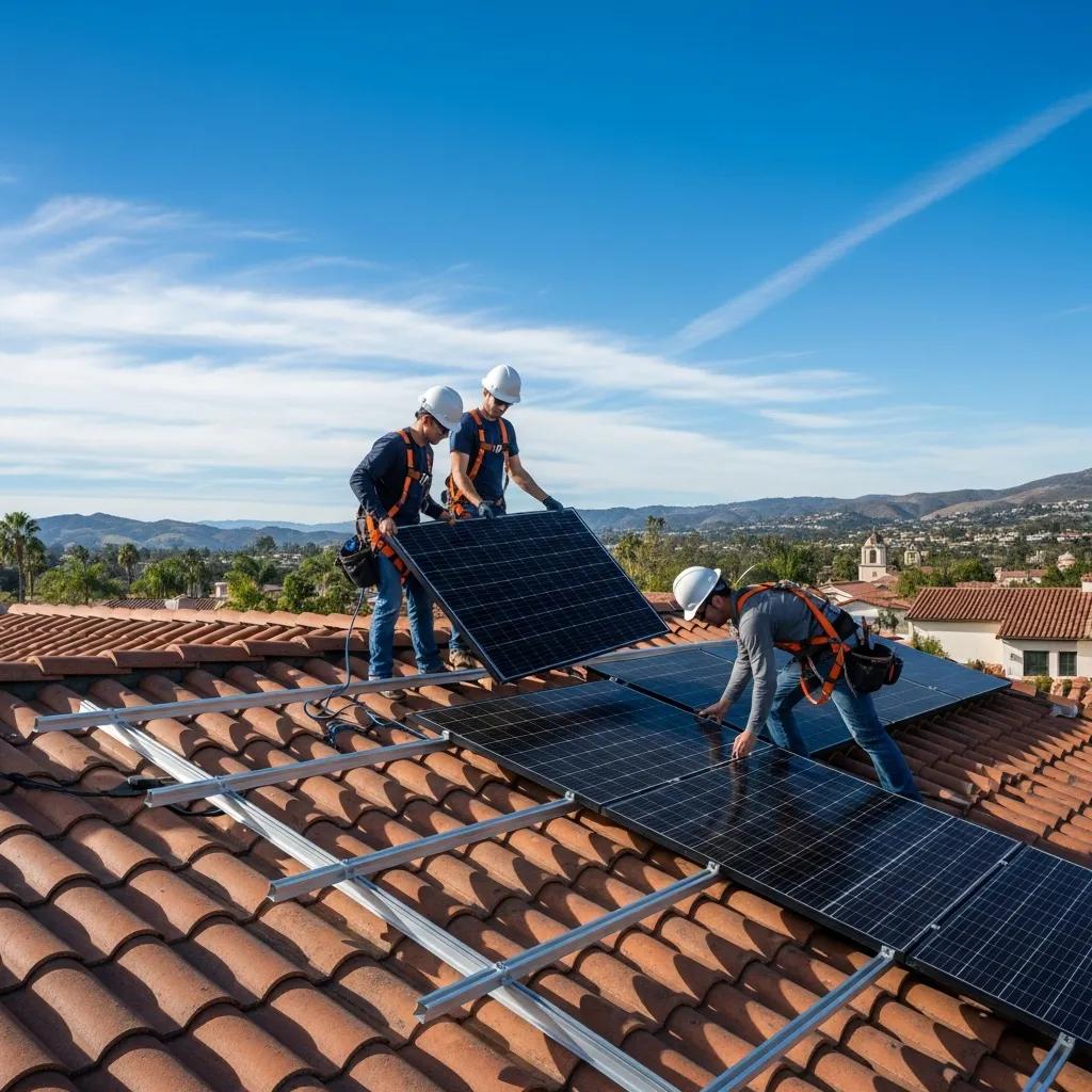 Professional solar panel installation team working on a roof in San Juan Capistrano