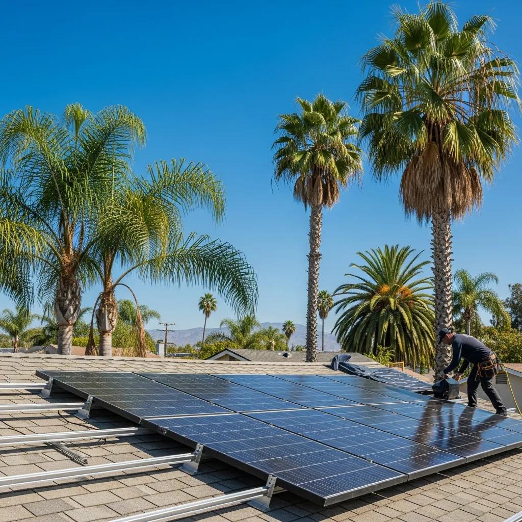 Residential solar panel installation in Southern California with technician on roof
