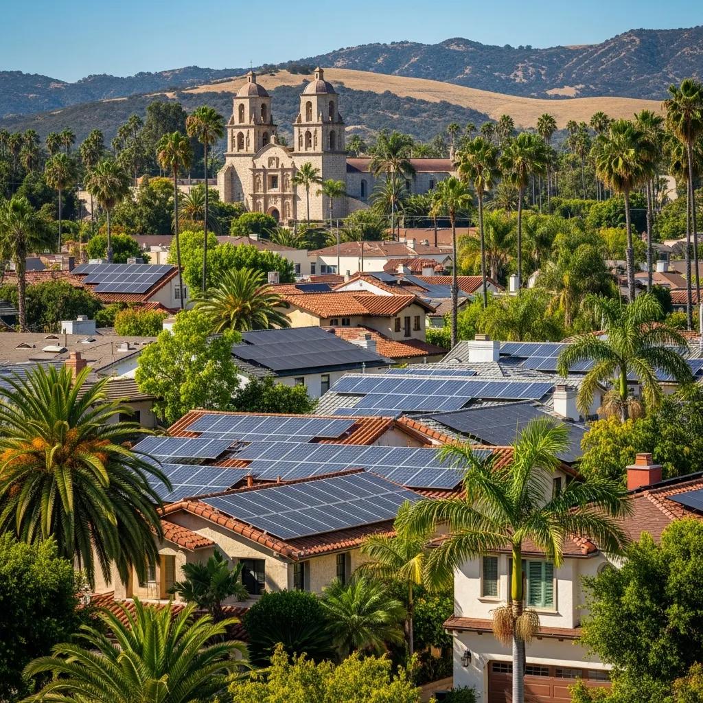 Residential solar panels in San Juan Capistrano with Mission San Juan Capistrano in the background